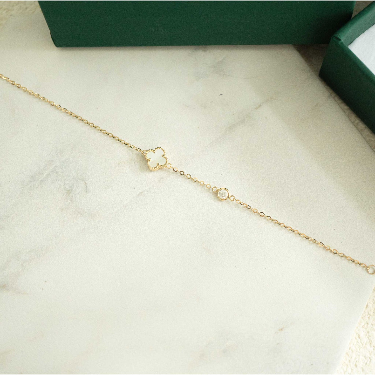 Solid Rose Gold Mother of Pearl Clover & Moissanite Bracelet
