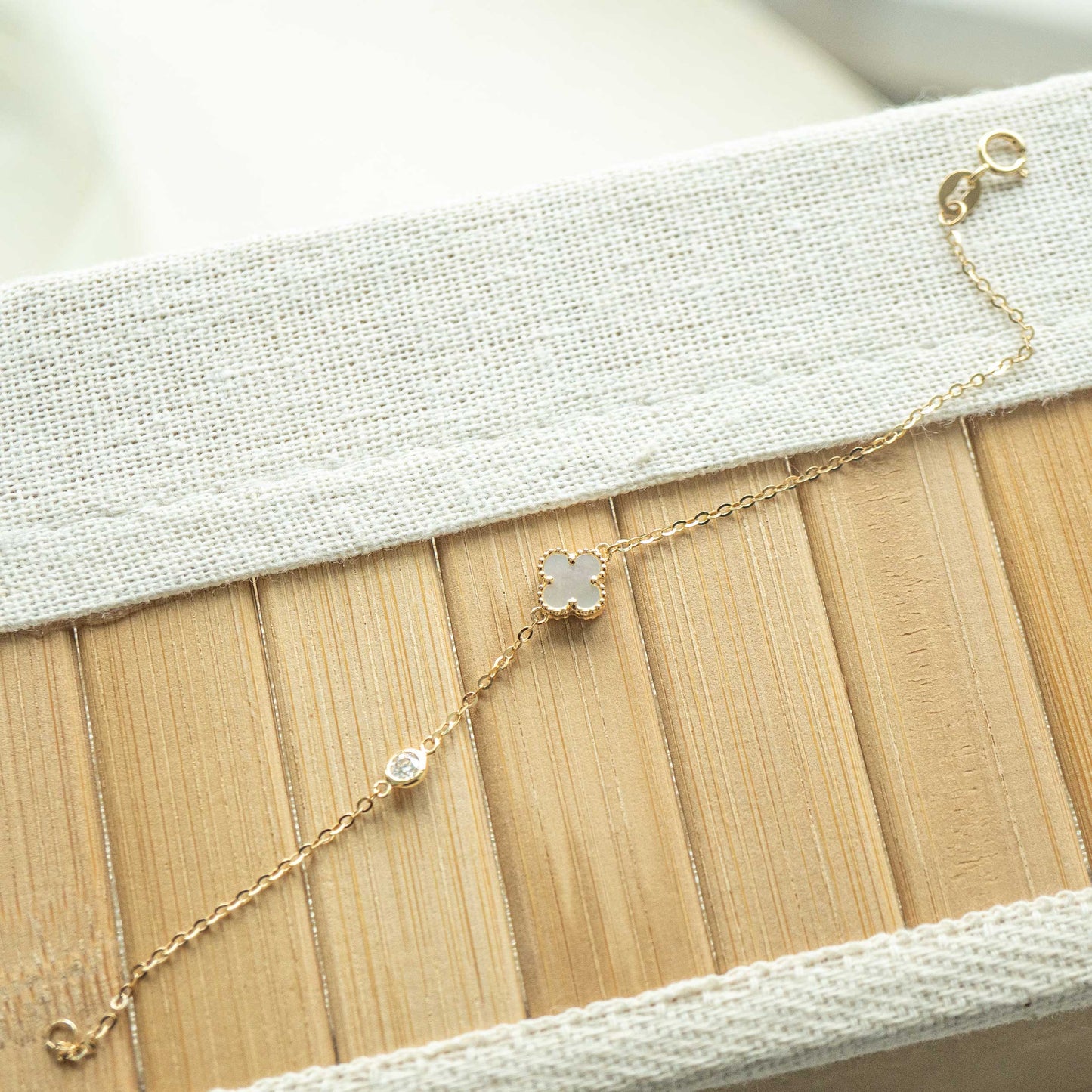 Solid White Gold Mother of Pearl Clover & Moissanite Bracelet