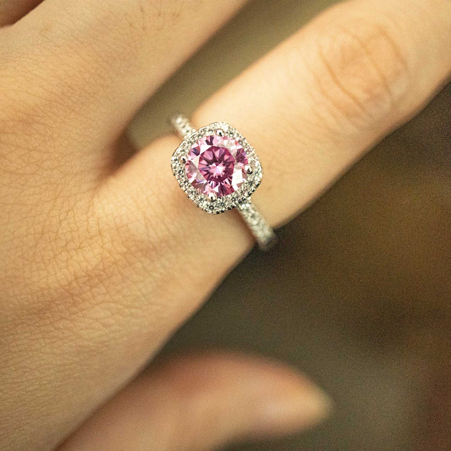 Silver Halo Pink Moissanite Rhombus Ring