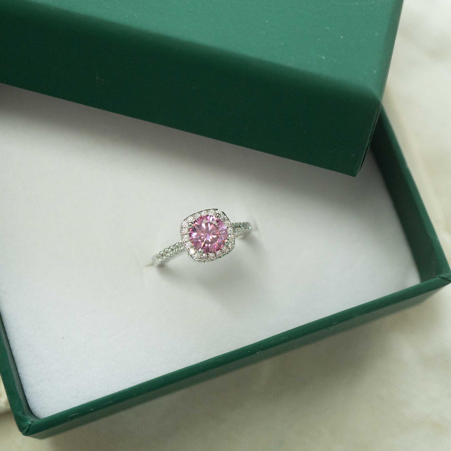 Silver Halo Pink Moissanite Rhombus Ring