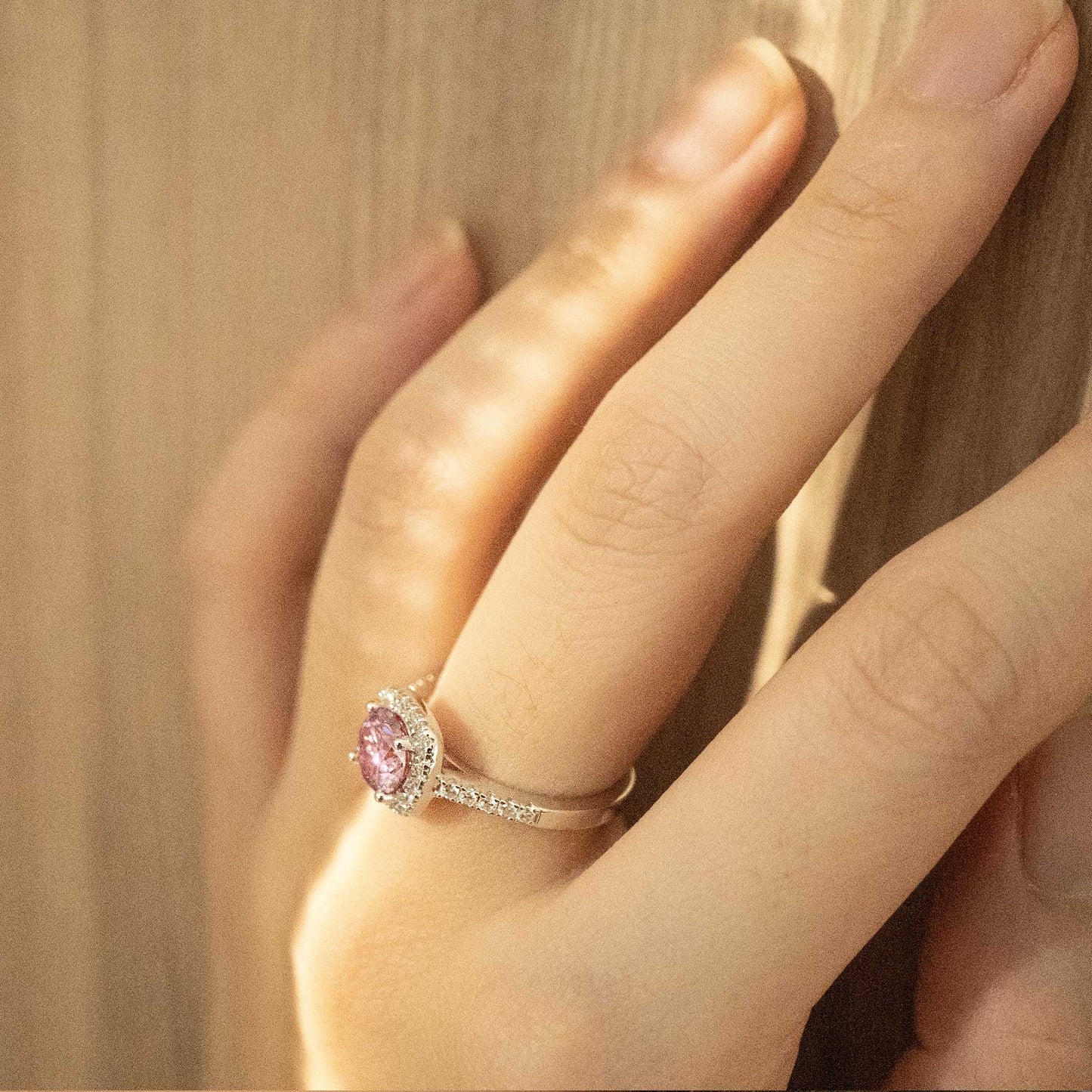 Silver Halo Pink Moissanite Rhombus Ring