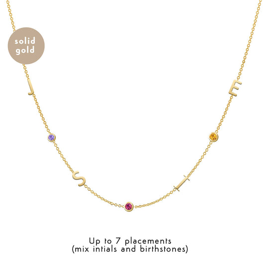 Solid Gold Initial and Birthstone Necklace