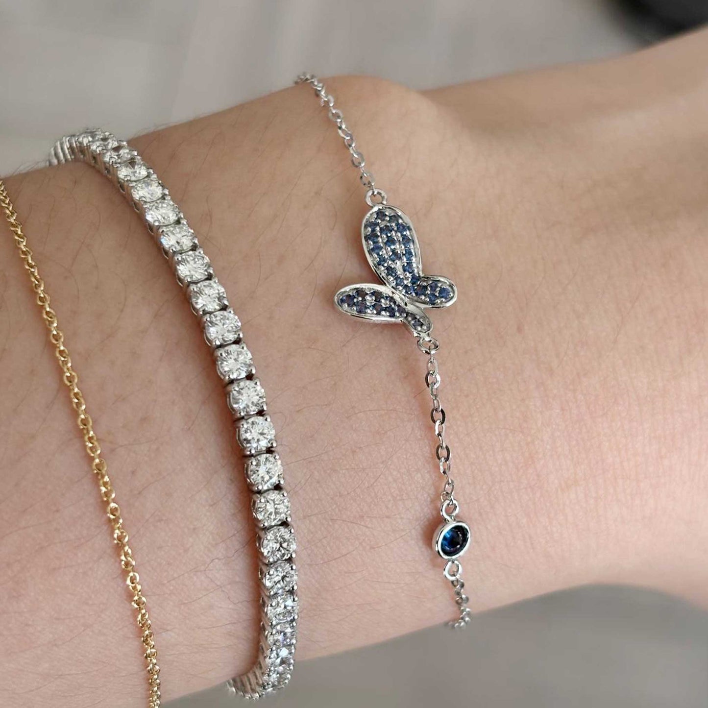 Solid White Gold Blue Sapphire Butterfly Bracelet