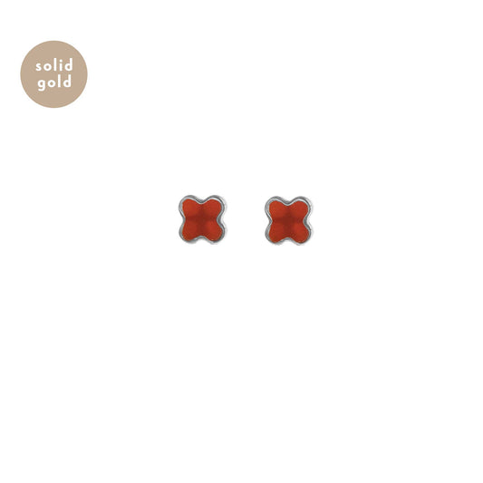 Solid White Gold Red Agate Clover Studs