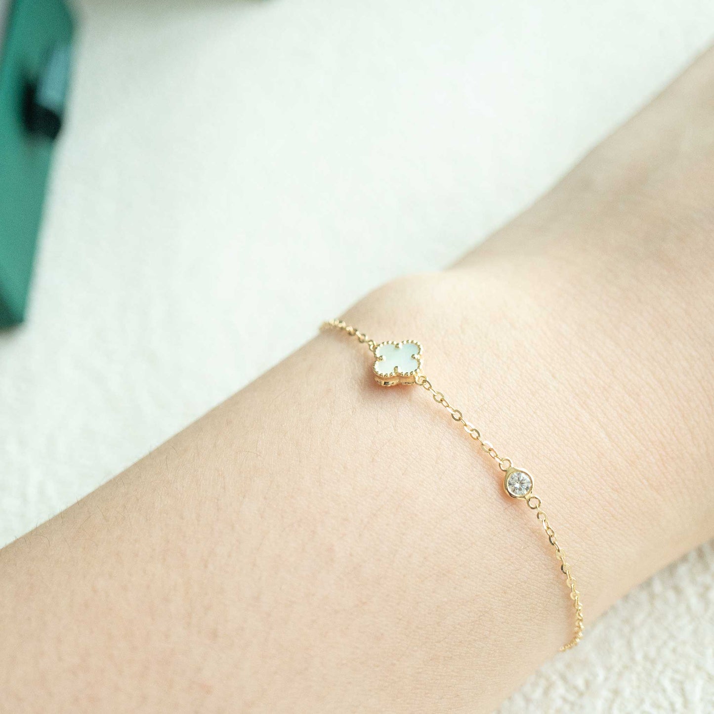 Solid Yellow Gold Mother of Pearl Clover & Moissanite Bracelet