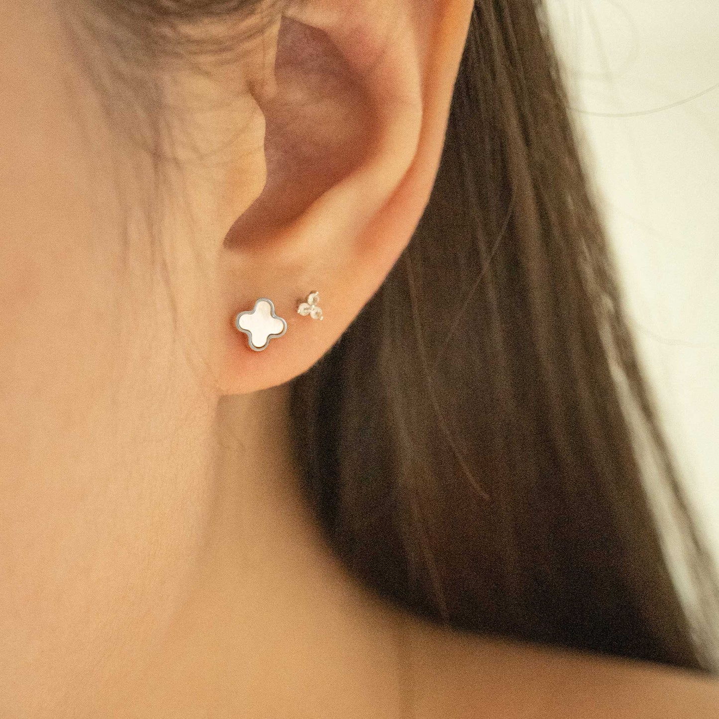 Solid White Gold Mother of Pearl Clover Studs