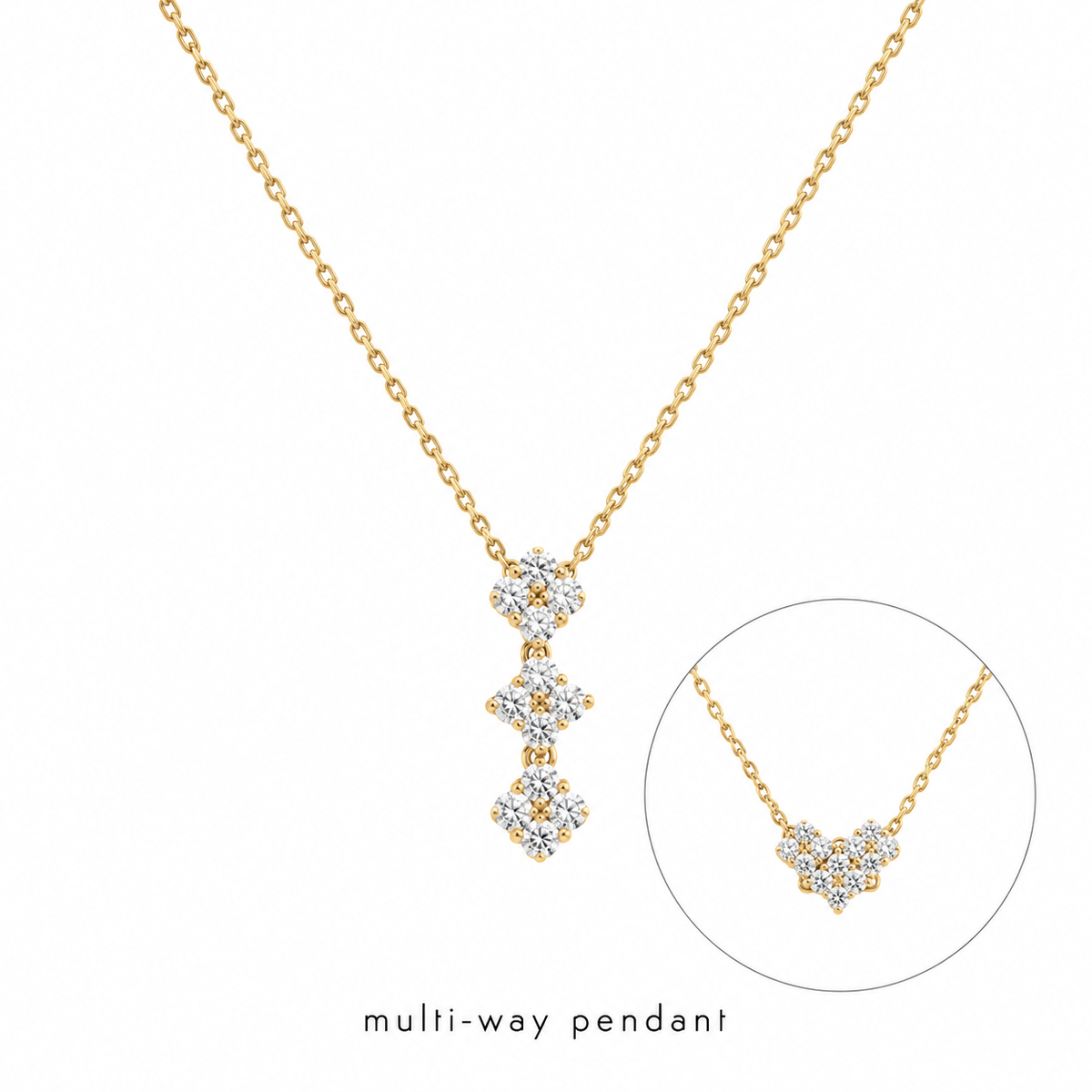 Solid Gold Multi Way Tri Clover Moissanite Necklace