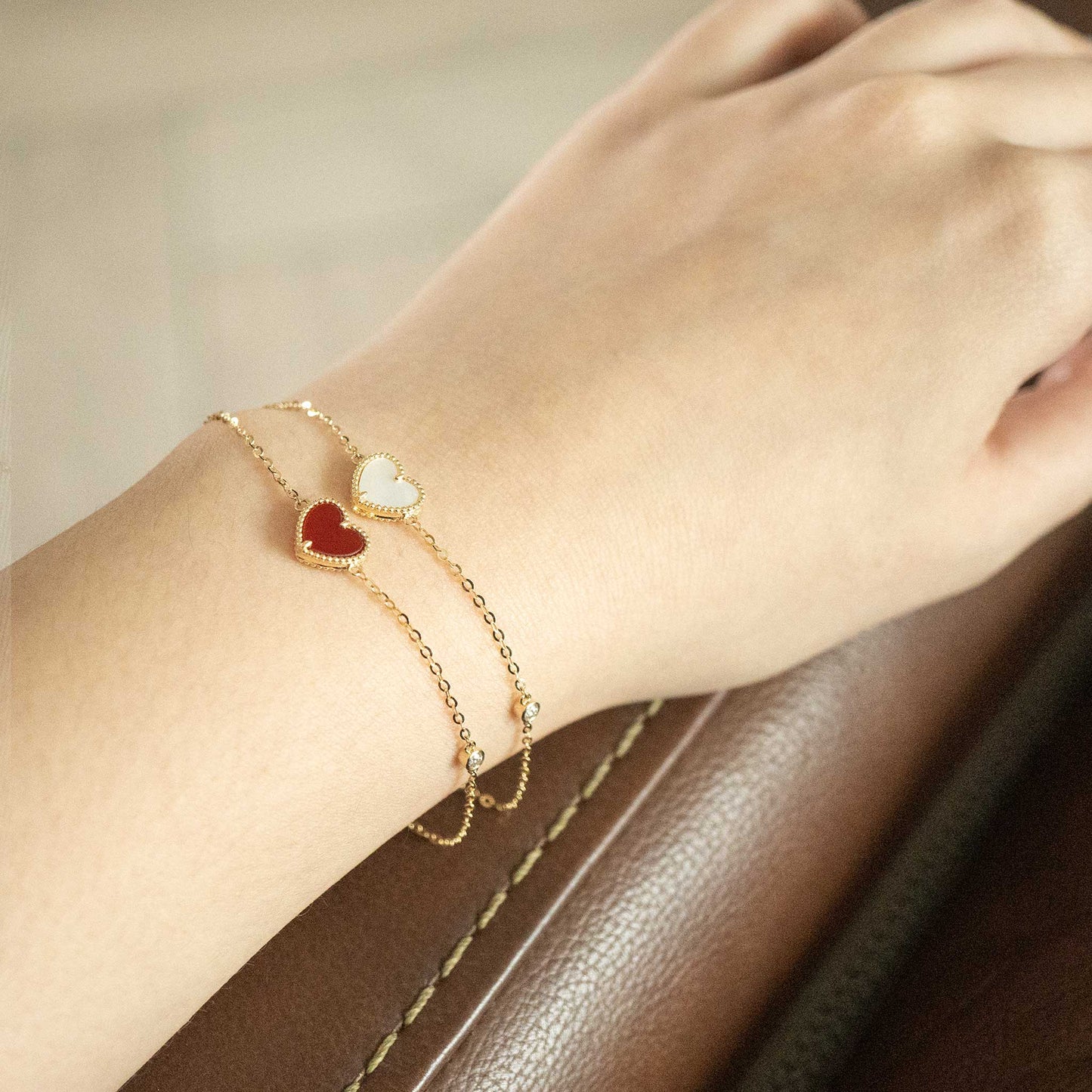 Solid Yellow Gold Red Agate & Moissanite Bracelet