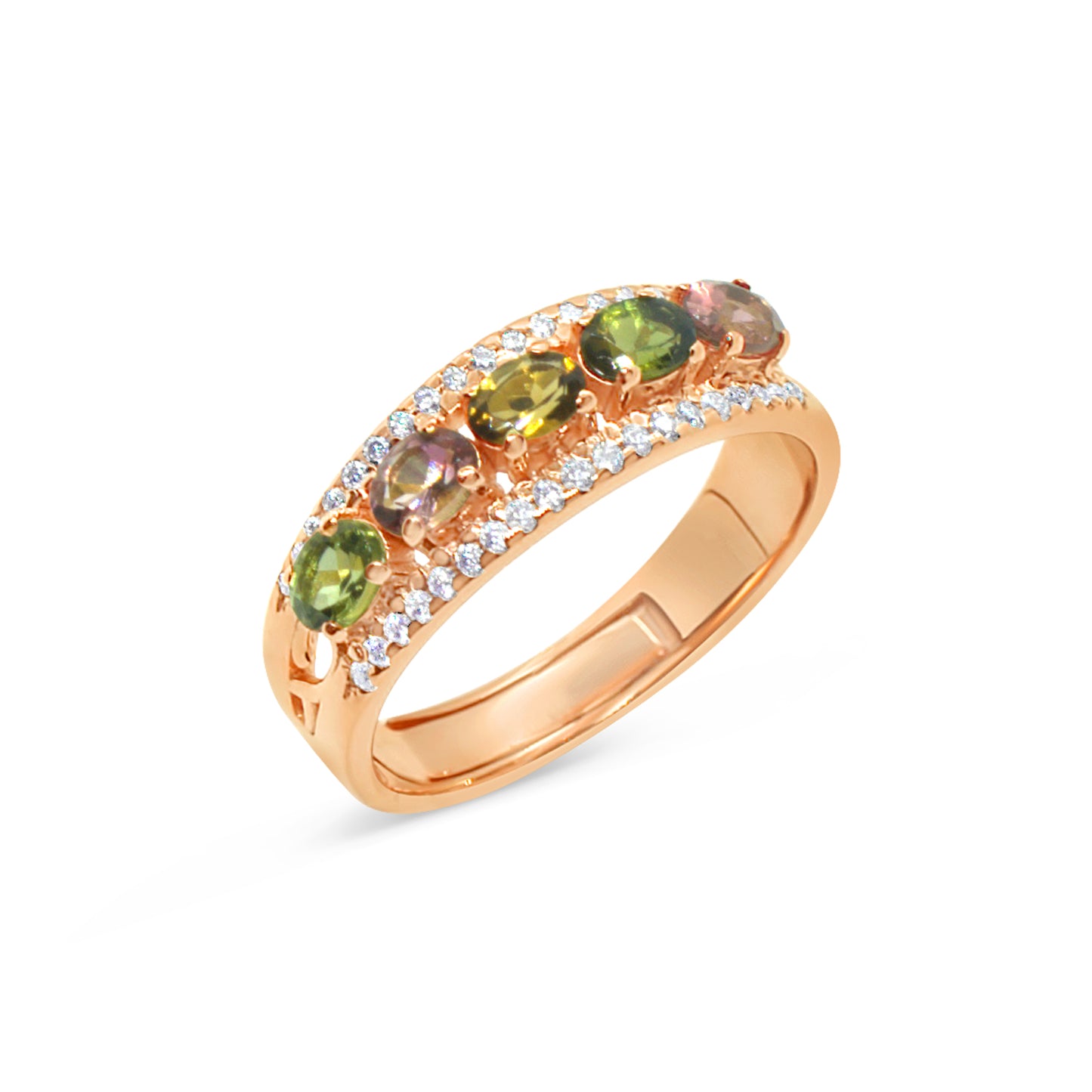 Rose Multi Coloured Tourmaline and Moissanite Pave Ring