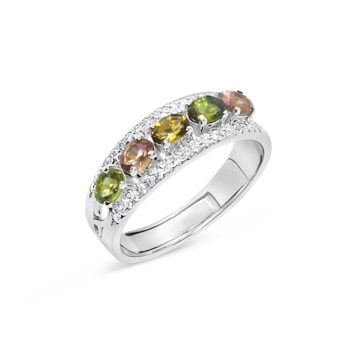 Silver Multi Coloured Tourmaline and Moissanite Pave Ring