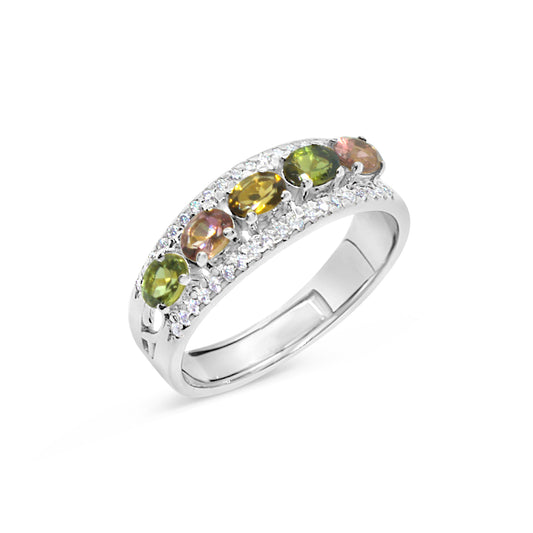 Silver Multi Coloured Tourmaline and Moissanite Pave Ring
