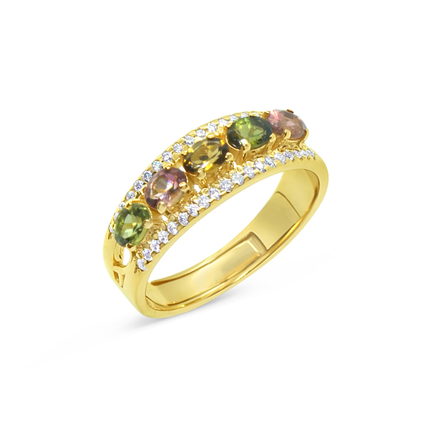 Gold Multi Coloured Tourmaline and Moissanite Pave Ring
