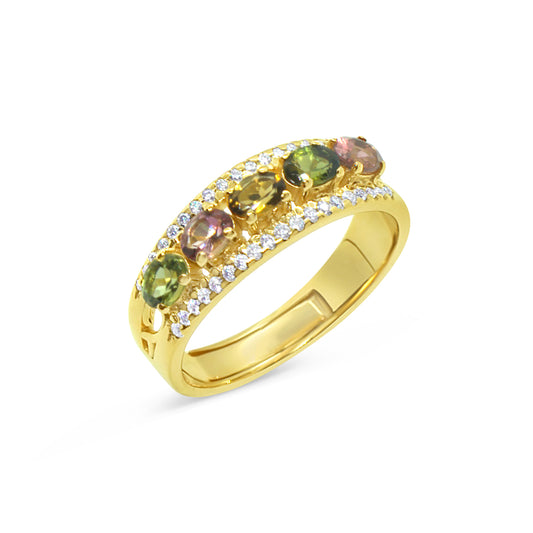 Gold Multi Coloured Tourmaline and Moissanite Pave Ring