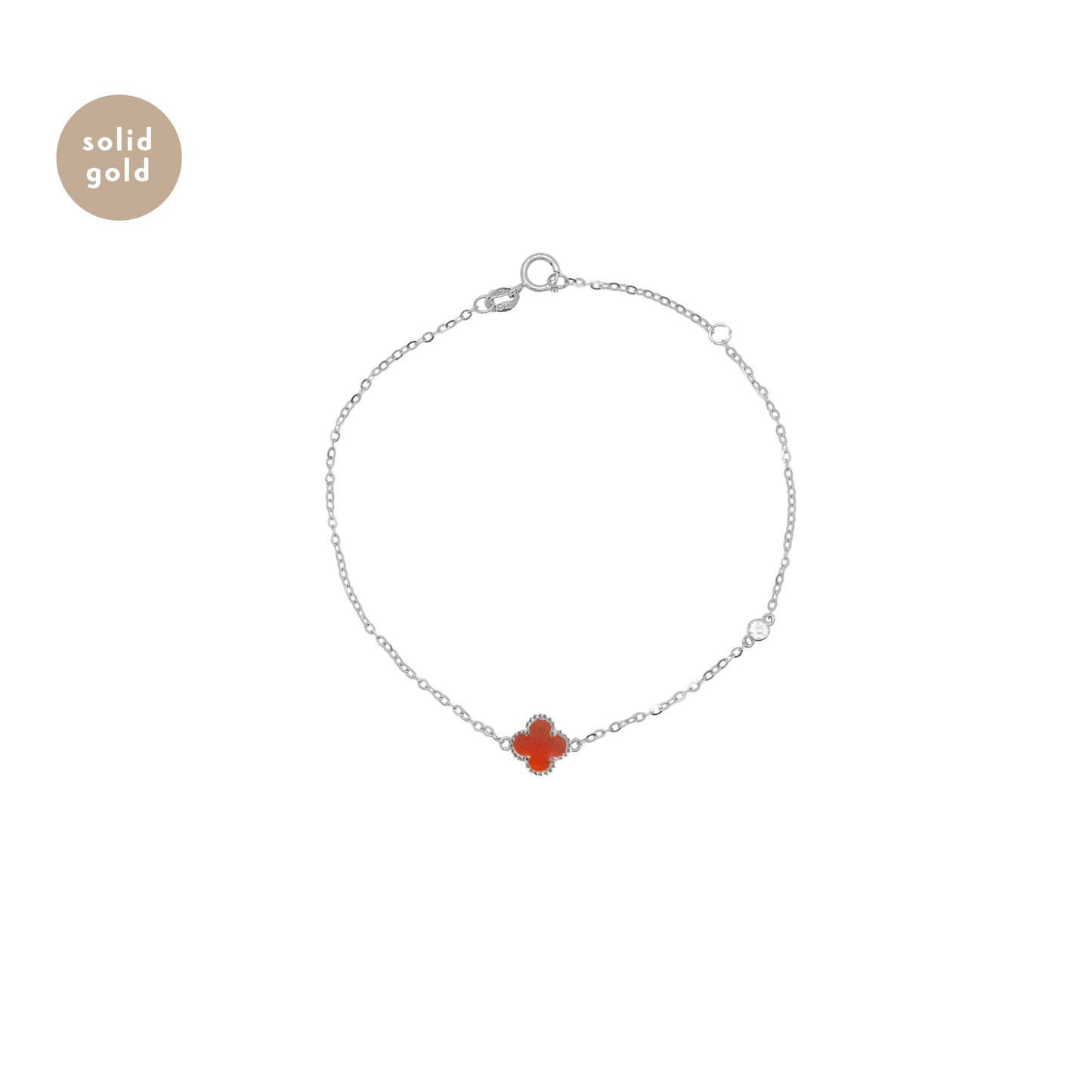 Solid White Gold Red Agate Clover & Moissanite Bracelet