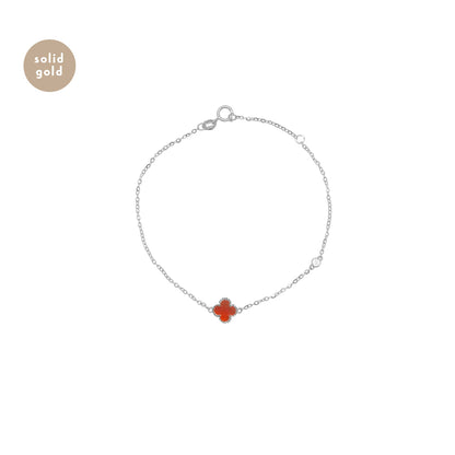 Solid White Gold Red Agate Clover & Moissanite Bracelet