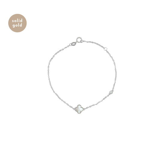 Solid White Gold Mother of Pearl Clover & Moissanite Bracelet