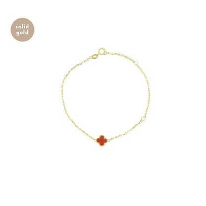 Solid Yellow Gold Red Agate Clover & Moissanite Bracelet