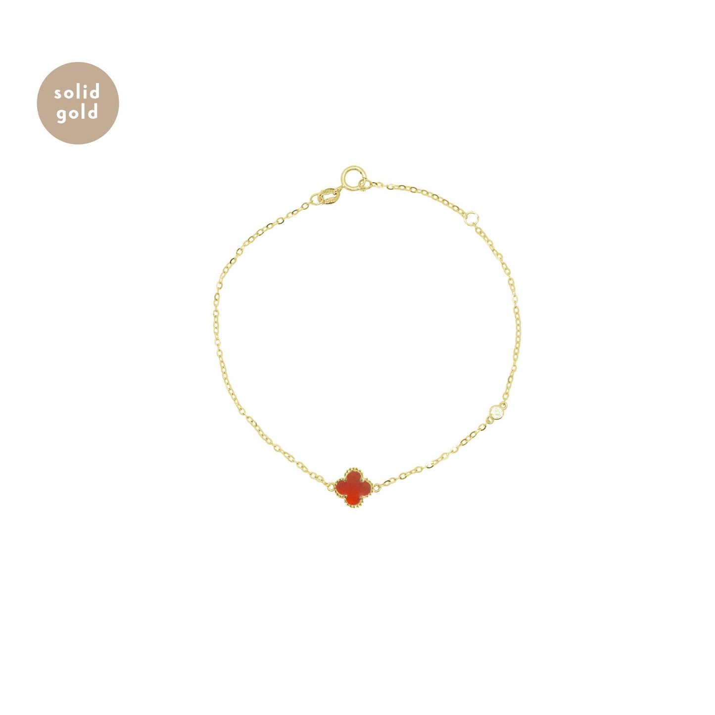 Solid Yellow Gold Red Agate Clover & Moissanite Bracelet