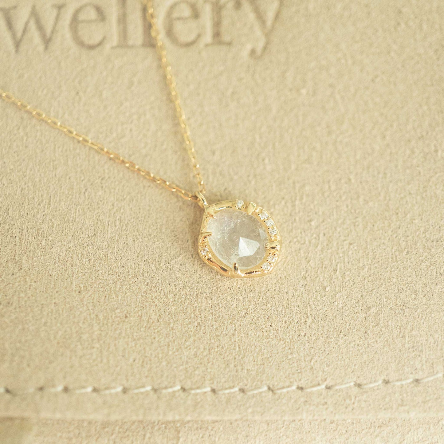 Solid Yellow Gold Moonstone Diamond Necklace