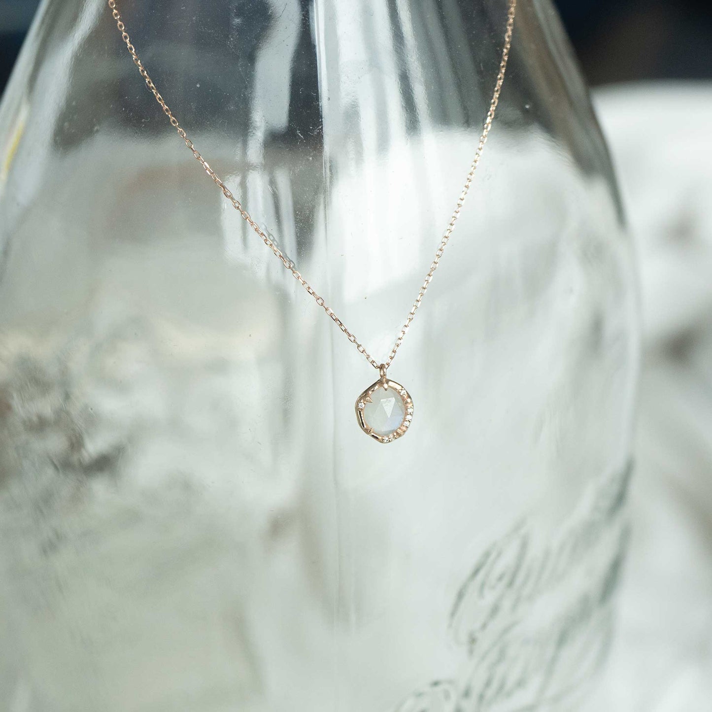 Solid Rose Gold Moonstone Diamond Necklace